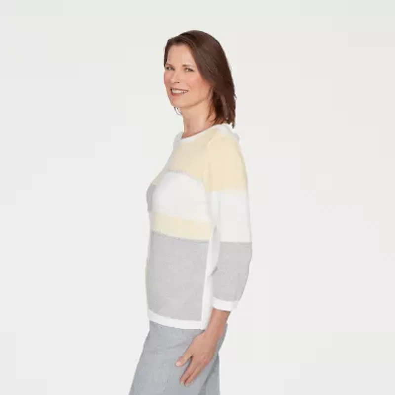 Alfred Dunner Al Fresco Womens Crew Neck 3/4 Sleeve Pullover Sweater