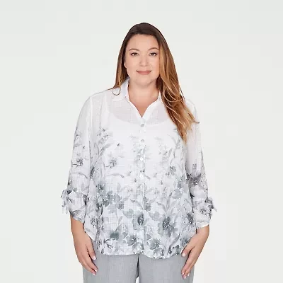 Alfred Dunner Al Fresco Womens Plus Tie Sleeve 3/4 Button-Down Shirt