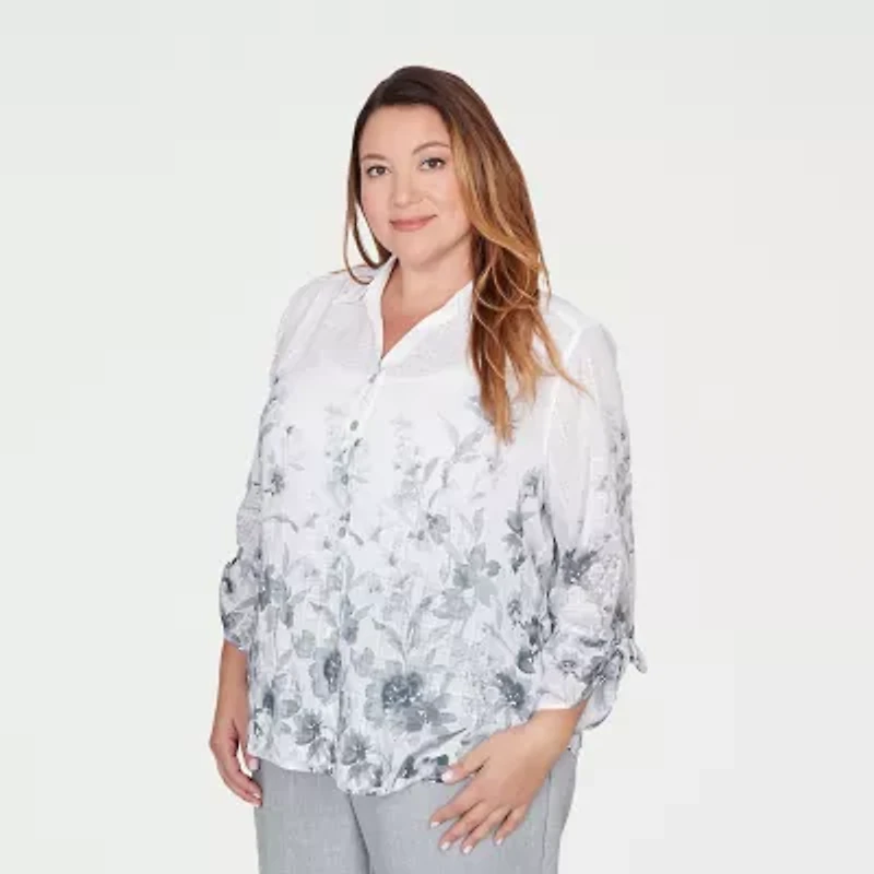 Alfred Dunner Al Fresco Womens Plus Tie Sleeve 3/4 Button-Down Shirt