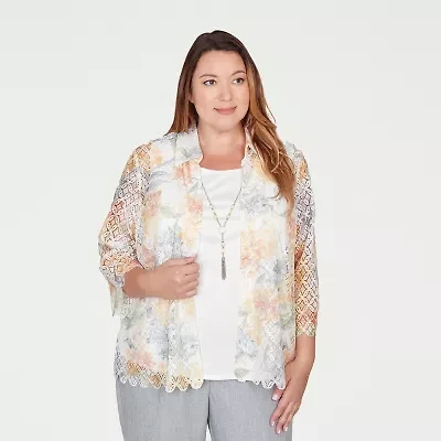 Alfred Dunner Al Fresco Womens Plus 3/4 Sleeve Layered Top