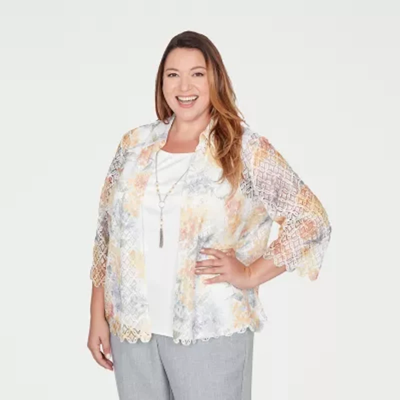 Alfred Dunner Al Fresco Womens Plus 3/4 Sleeve Layered Top