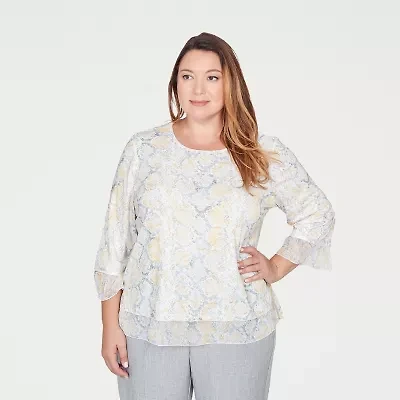 Alfred Dunner Al Fresco Womens Plus Crew Neck 3/4 Sleeve Layered Top
