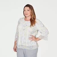 Alfred Dunner Al Fresco Womens Plus Crew Neck 3/4 Sleeve Layered Top