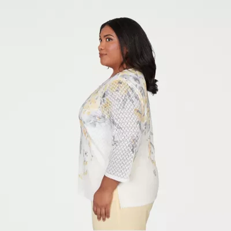 Alfred Dunner Al Fresco Womens Plus Crew Neck 3/4 Sleeve Layered Top