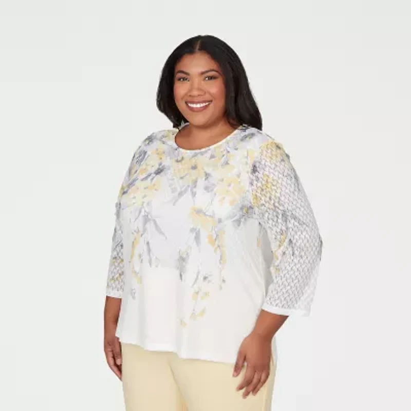 Alfred Dunner Al Fresco Womens Plus Crew Neck 3/4 Sleeve Layered Top