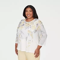 Alfred Dunner Al Fresco Womens Plus Crew Neck 3/4 Sleeve Layered Top