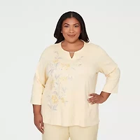 Alfred Dunner Al Fresco Womens Plus Split Crew Neck 3/4 Sleeve Layered Top