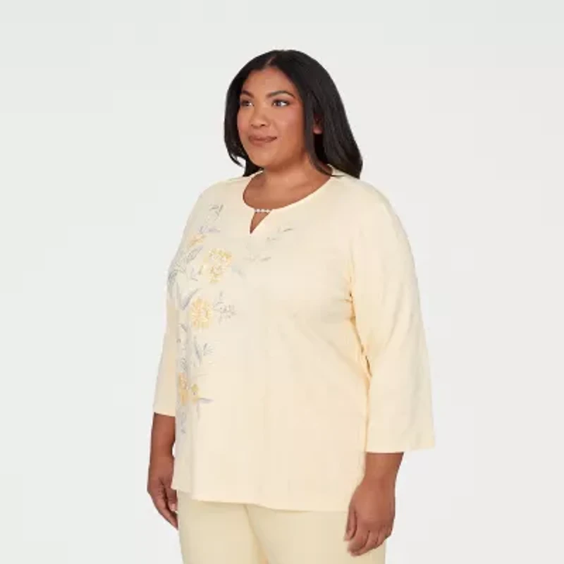 Alfred Dunner Al Fresco Womens Plus Split Crew Neck 3/4 Sleeve Layered Top