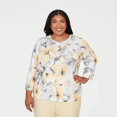 Alfred Dunner Al Fresco Womens Plus Crew Neck 3/4 Sleeve Layered Top