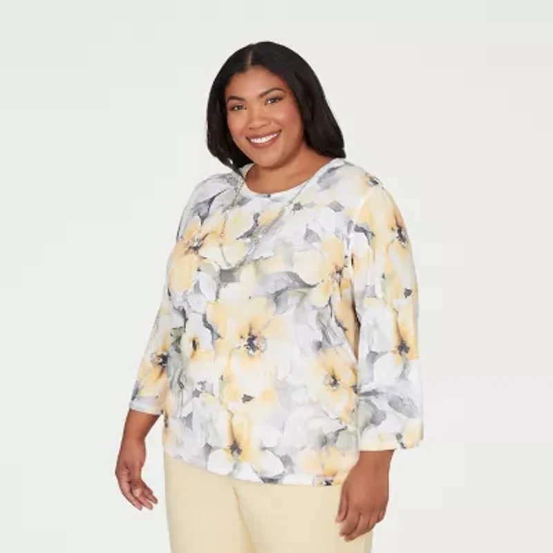 Alfred Dunner Al Fresco Womens Plus Crew Neck 3/4 Sleeve Layered Top