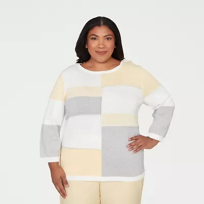 Alfred Dunner Plus Al Fresco Womens Crew Neck 3/4 Sleeve Pullover Sweater