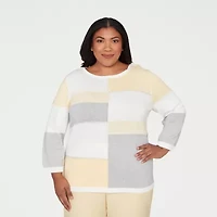 Alfred Dunner Plus Al Fresco Womens Crew Neck 3/4 Sleeve Pullover Sweater
