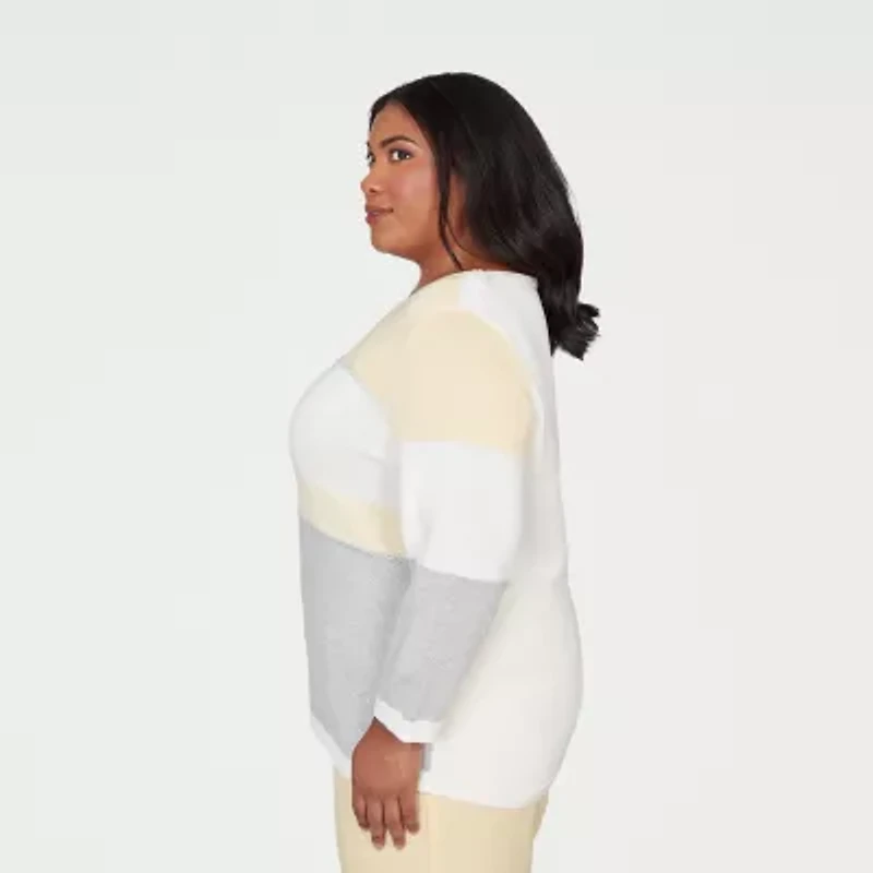 Alfred Dunner Plus Al Fresco Womens Crew Neck 3/4 Sleeve Pullover Sweater