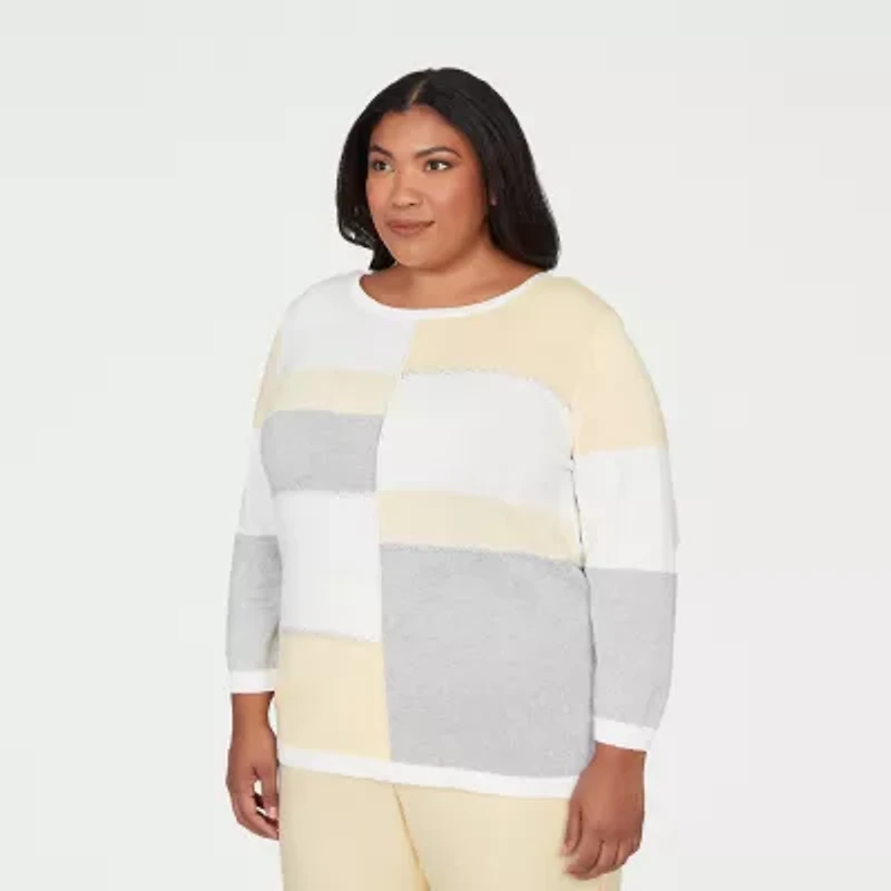Alfred Dunner Plus Al Fresco Womens Crew Neck 3/4 Sleeve Pullover Sweater