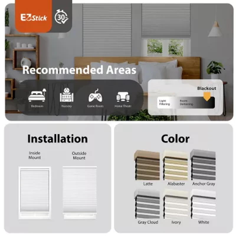 Eco Estates Ez Stick 1.5" Cut-To-Width Cordless 100% Blackout Cellular Shade