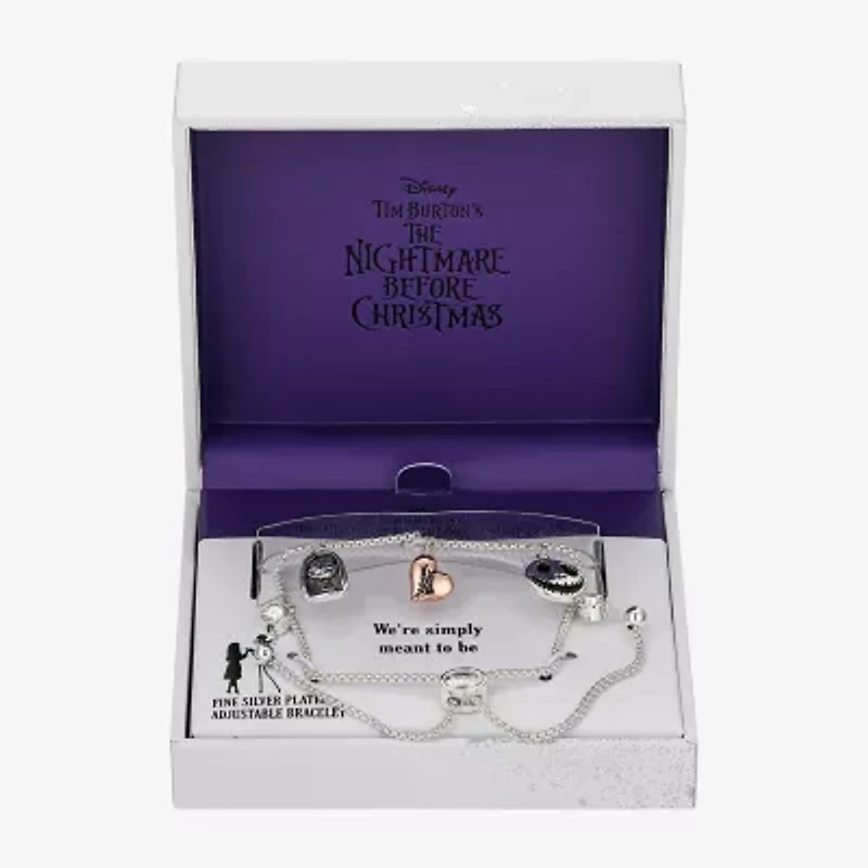 Disney Classics Sally & Jack Skellington Womens Cubic Zirconia 18K Rose Gold Over Brass Heart Nightmare Before Christmas Bolo Bracelet