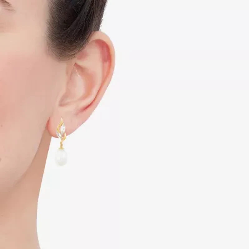Womens White Cultured Freshwater Pearl 10K Gold Drop Earrings