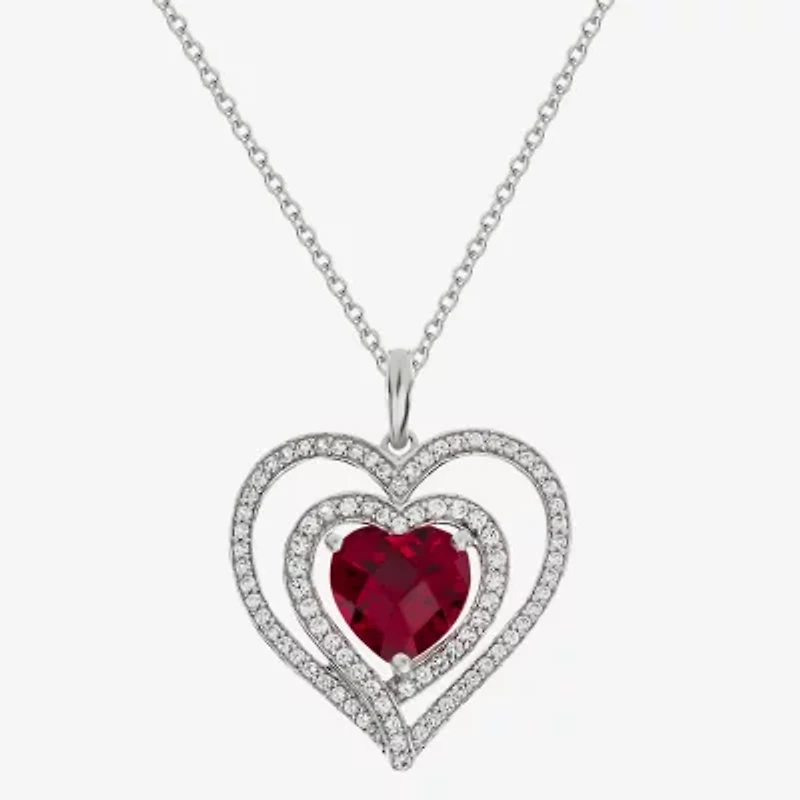 Womens Lab Created Red Ruby Sterling Silver Heart Inch Pendant Necklace
