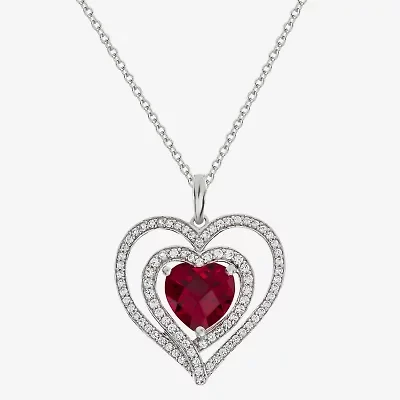 Womens Lab Created Red Ruby Sterling Silver Heart Inch Pendant Necklace