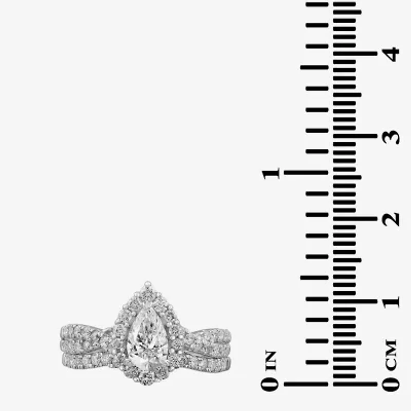 Signature By Modern Bride (G-H / Si1-Si2) Womens 1 1/3 CT. T.W. Lab Grown White Diamond 10K Gold Pear Side Stone Halo Bridal Set