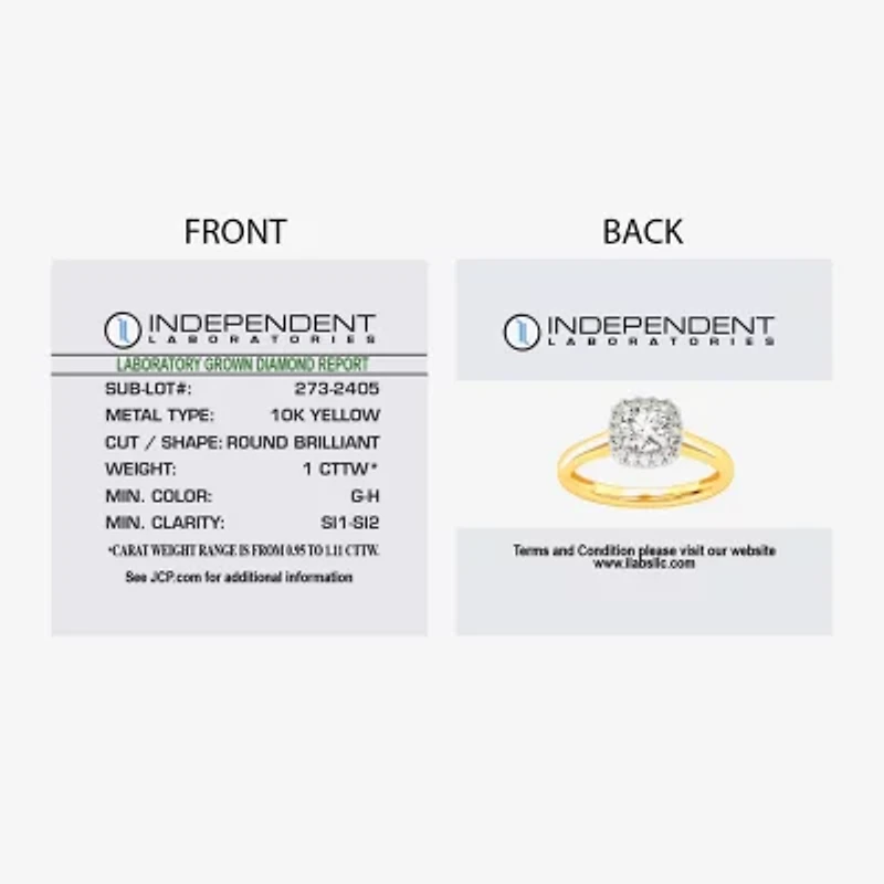 1 CT. T.W. Lab-Grown (G-H / SI1-SI2) Diamond Cushion Halo Engagement Ring 10K Gold