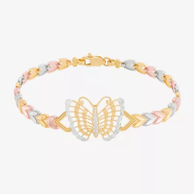 Womens 14K Tri-Color Gold Solid Butterfly 7.5 Inch Link Bracelet