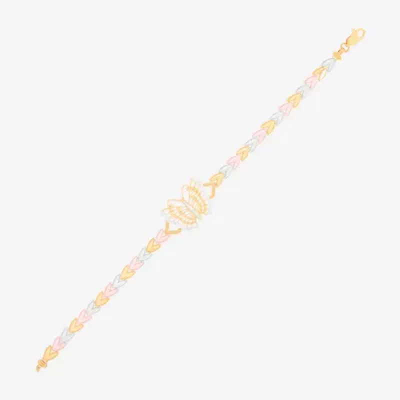 Womens 14K Tri-Color Gold Solid Butterfly 7.5 Inch Link Bracelet