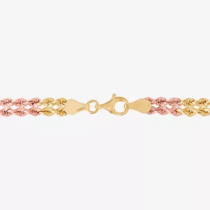 Womens 10K Tri-Color Gold 7.5 Inch Hollow Rope Butterfly Chain Bracelet