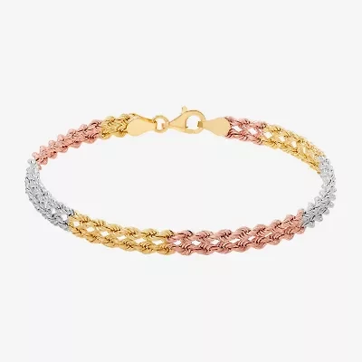 Womens 10K Tri-Color Gold 7.5 Inch Hollow Rope Butterfly Chain Bracelet
