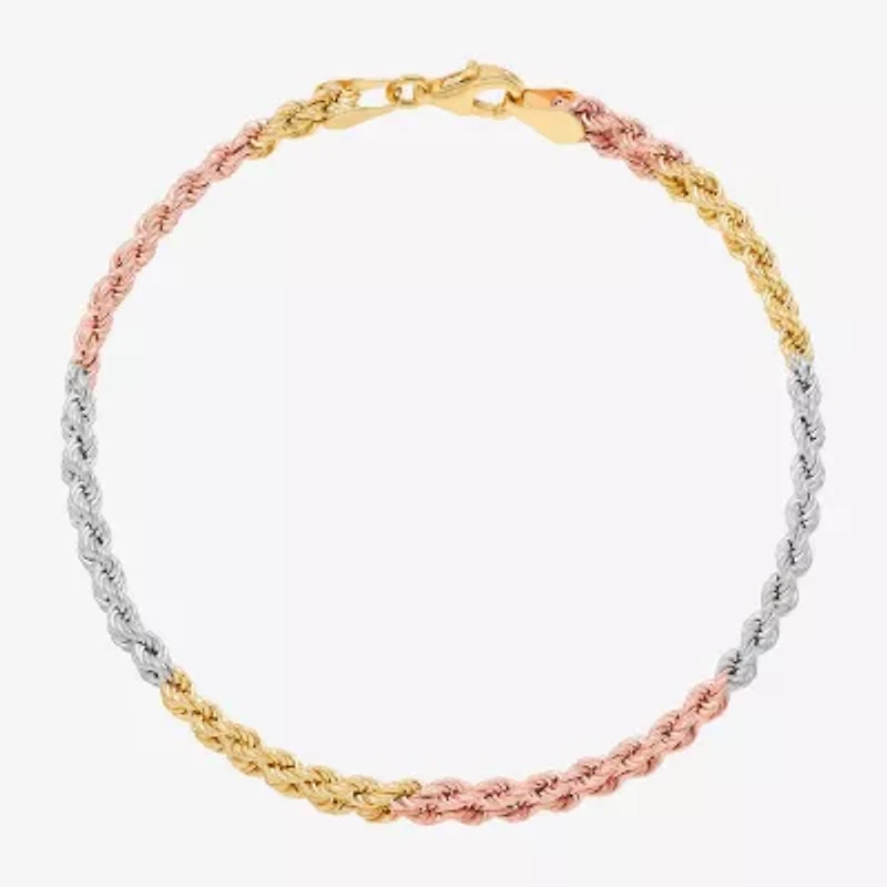 Womens 10K Tri-Color Gold 7.5 Inch Hollow Rope Butterfly Chain Bracelet