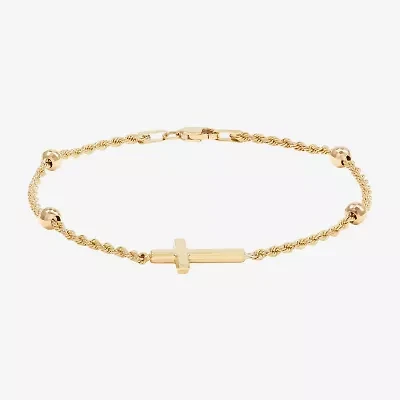 Womens 10K Gold Hollow Cross 7.5 Inch Link Bracelet