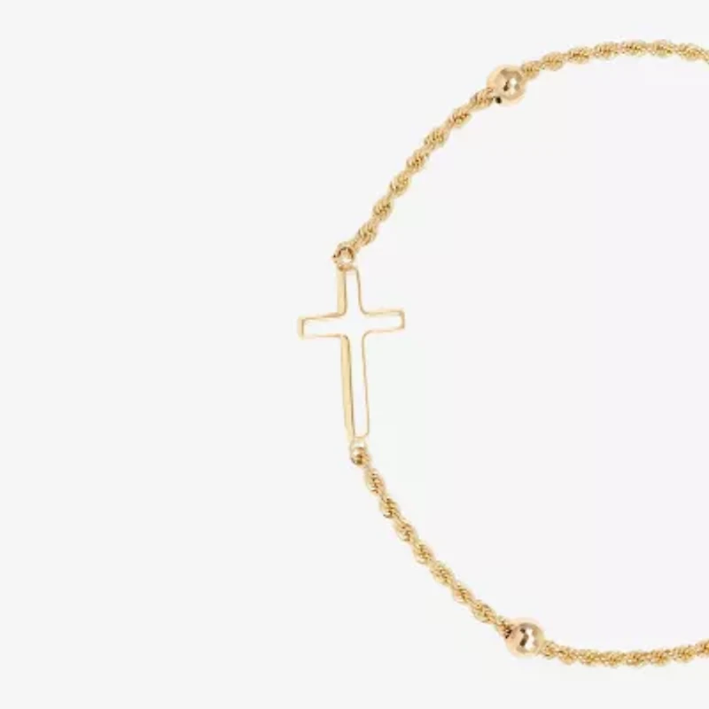 Womens 10K Gold Hollow Cross 7.5 Inch Link Bracelet