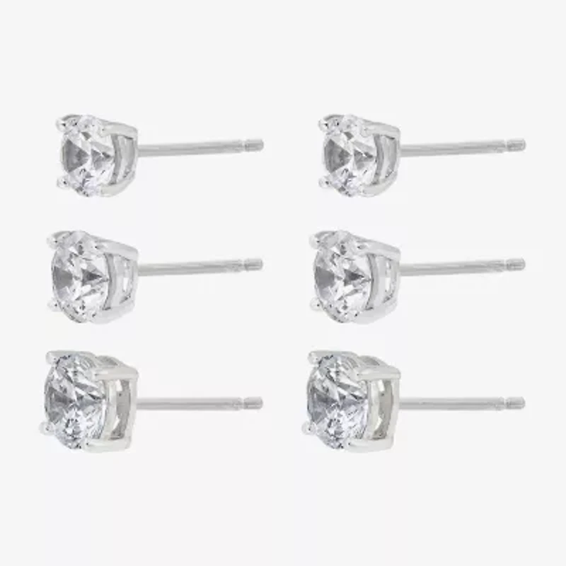 Diamonart Womens Cubic Zirconia Sterling Silver Round 3 Pair Earring Set