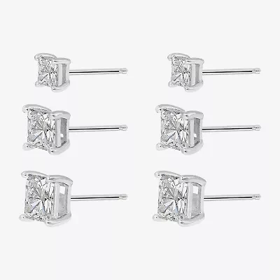 Diamonart Womens Cubic Zirconia Sterling Silver Square 3 Pair Earring Set