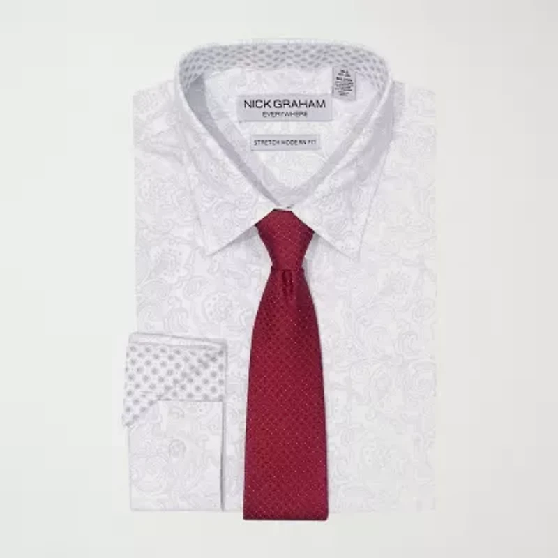 Nick Graham Mens Button Down Collar Long Sleeve Shirt + Tie Set Fitted