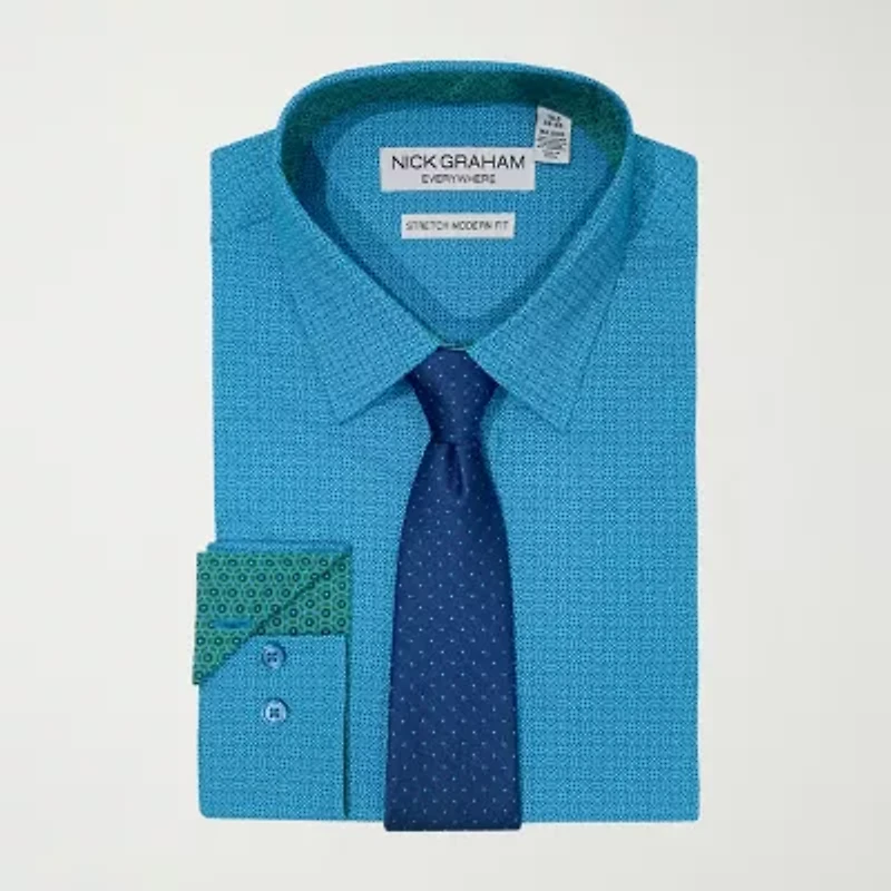 Nick Graham Mens Point Collar Long Sleeve Shirt + Tie Set Fitted