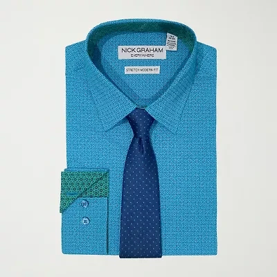 Nick Graham Mens Point Collar Long Sleeve Shirt + Tie Set Fitted