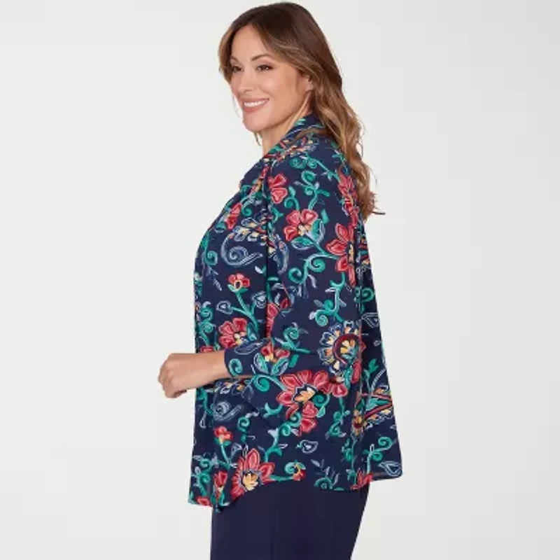 Alfred Dunner Saratoga Springs Womens Plus Round Neck 3/4 Sleeve Layered Top