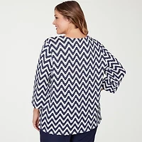 Alfred Dunner Saratoga Springs Womens Plus Crew Neck 3/4 Sleeve T-Shirt