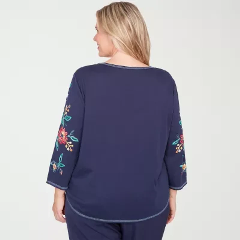 Alfred Dunner Saratoga Springs Womens Plus Crew Neck 3/4 Sleeve T-Shirt