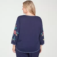 Alfred Dunner Saratoga Springs Womens Plus Crew Neck 3/4 Sleeve T-Shirt