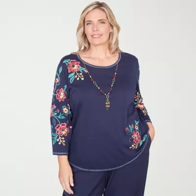 Alfred Dunner Saratoga Springs Womens Plus Crew Neck 3/4 Sleeve T-Shirt