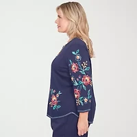 Alfred Dunner Saratoga Springs Womens Plus Crew Neck 3/4 Sleeve T-Shirt