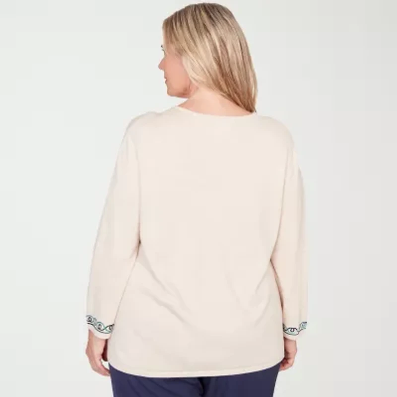 Alfred Dunner Plus Saratoga Springs Womens Crew Neck 3/4 Sleeve Floral Pullover Sweater