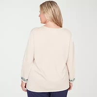 Alfred Dunner Plus Saratoga Springs Womens Crew Neck 3/4 Sleeve Floral Pullover Sweater