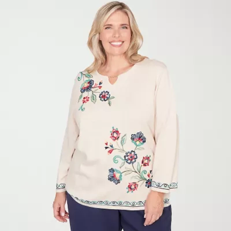 Alfred Dunner Plus Saratoga Springs Womens Crew Neck 3/4 Sleeve Floral Pullover Sweater