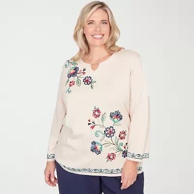 Alfred Dunner Plus Saratoga Springs Womens Split Crew Neck Long Sleeve Floral Pullover Sweater