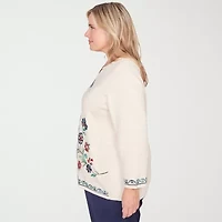 Alfred Dunner Plus Saratoga Springs Womens Split Crew Neck Long Sleeve Floral Pullover Sweater
