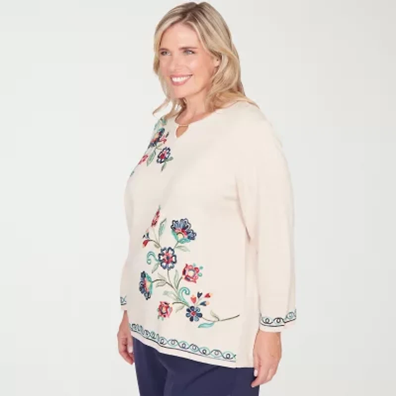 Alfred Dunner Plus Saratoga Springs Womens Crew Neck 3/4 Sleeve Floral Pullover Sweater