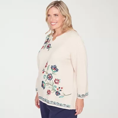 Alfred Dunner Plus Saratoga Springs Womens Crew Neck 3/4 Sleeve Floral Pullover Sweater